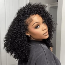Glueless Human Hair Wigs Kinky Curly Headband Wig Upgrade 3 IN 1 Half Wig With Drawstring Seamless Clip Ins Flip Over For Women 28inch - Natural Black - 查看 3