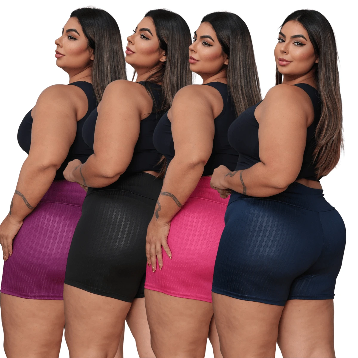 Kit 4 Shorts Women's 3D Plus Size Suplex Leg Gym Butt Lift Black/Purple/Pink/Blue