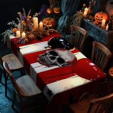 1/20 pièces Nappe d'Halloween - Fond rayé rouge et blanc effrayant, avec motif de crânes blancs. Nappe rectangulaire durable, parfaite pour les repas, pique-niques, festivals, mariages et thés, décoration d'Halloween