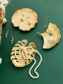 1pc European Light Luxury Tray Ornaments Gold Metal Leaf Shape Small Tray Jewelry Tray Earring Necklace Storage Tray Jewelry Tray - Multicolor - View 3