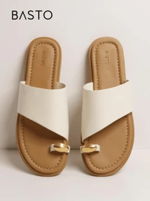 BASTO 休闲波西米亚风格 PU 凉鞋，适合海滩、度假、通勤、户外、四季皆宜，米色平底 - 米色 Flat sole - 查看 2