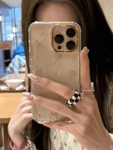 闪亮金色蝴蝶结和奢华金色纹理边框透明环氧树脂手机壳，适用于 17/17Air/17Pro/17ProMax/16/15/14/13/12/11/X/XS/XR/Mini/Pro Max/Pro/Plus，TPU 软全包保护壳 - 金色 - 查看 3