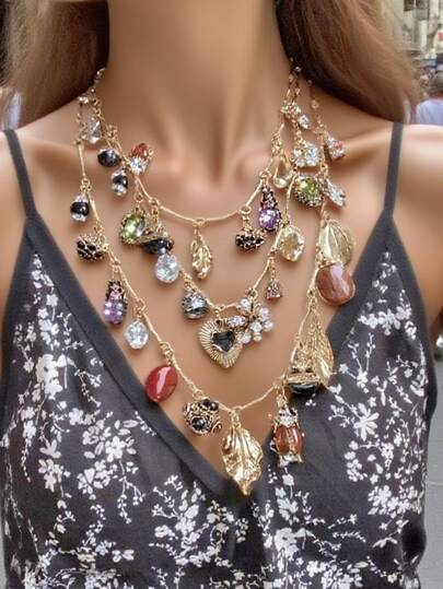Vintage Multilayer Pendant Necklace Set, Includes Necklaces & Bracelets With Insect, Leaf, Heart, Geometric Charms For Women