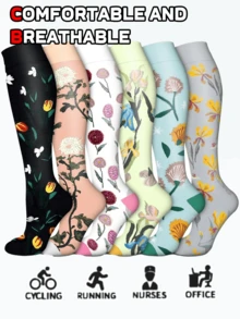 6双花卉图案及膝支撑袜，透气针织面料，运动袜和日常休闲袜都适用，袜口不易滑落，可机洗，男女四季支撑袜 - 彩色 - 查看 1