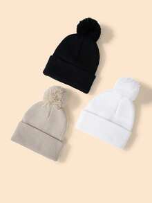 Set de 3 gorros de punto de unicolor estilo Y2K para niños/niños pequeños, gorros de invierno versátiles y casuales adecuados para el uso diario - Multicolor - Ver 3