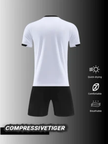 Bộ đồ tập luyện bóng đá 2 món tùy chỉnh cho nam với họa tiết hình học trắng và đen - Tên, số, tên đội và logo được cá nhân hóa (mặt trước/mặt sau) - Vải thoáng khí khô nhanh cho luyện tập và thi đấu bóng đá - Bộ áo đấu tay ngắn và quần đùi đen. Quà tặng Halloween, Lễ tạ ơn, Giáng sinh và Năm mới - trắng - Xem 3