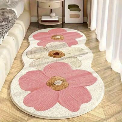 Tappeto d'area floreale nordico in peluche - Morbido, lavabile, tappeto decorativo antiscivolo con fiori rosa e beige per camera da letto, soggiorno o ingresso, tappeto da salotto | Design floreale nordico | Fondo antiscivolo, tappeto d'area da salotto, perfetto per l'autunno, Ognissanti, Natale | Decorazione per la stanza, tappeto d'area, tappeto da camera da letto, tappeto da cucina, decorazione per la casa, zerbino da ingresso, tappeto da bagno