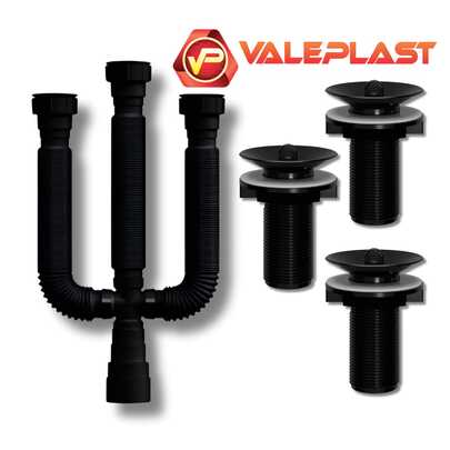 Sifão Sanfonado Triplo Preto Flexível + 3 Válvulas para Tanque/Pia PVC Preta Cifão Triplo e Válvula