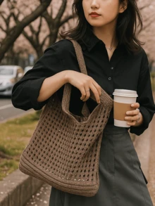 女士女孩针织单肩包复古镂空编织大容量花卉装饰购物手提包钩针包女士钩针包夏季沙滩托特包女士托特包购物袋女士手提包 - 咖啡 - 查看 7