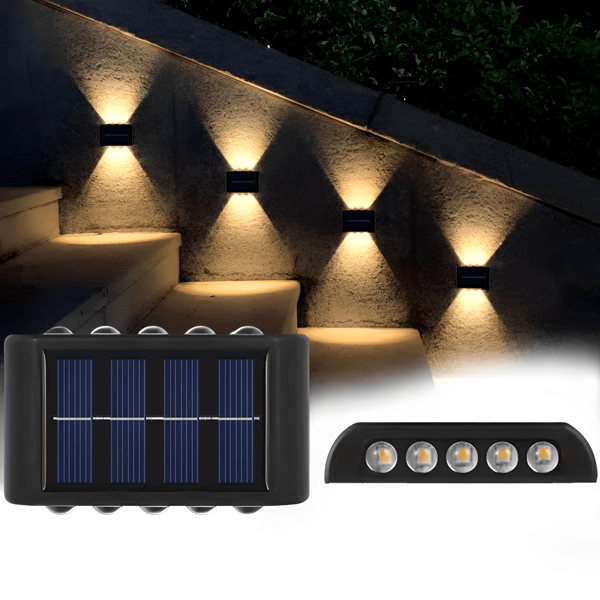 10 luces solares LED con sensor de luz solar de iluminación hacia arriba y hacia abajo, impermeables, moderna lámpara de pared nórdica que se ilumina con luz solar, accesorio de luz exterior negro montado en la pared para la casa, jardín y porche (luz cálida, 1 pieza) Decoración de otoño Decoración de la casa Decoración exterior