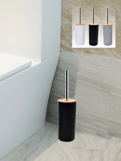 1 pieza Juego de cepillo de baño, cepillo de baño con mango largo y cubo de almacenamiento, ajuste compacto y ahorro de espacio, para baños pequeños, tapa de bambú sellada a prueba de salpicaduras, cabezal reemplazable, cepillo de limpieza estilo nórdico, herramienta de limpieza de inodoro, accesorios de baño de estilo de lujo, artículos de limpieza, imprescindibles para dormitorio, artículos esenciales para apartamento