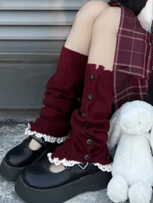 女士针织圣诞腿套 - 纽扣蕾丝竖条纹保暖腿套，秋冬季，防滑舒适可爱礼物，Y2K风格，舒适保暖 - 彩色 - 查看 11