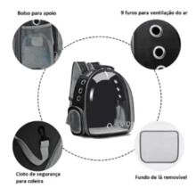 Mochila Transporte Pet Gato Cachorro Animais Pequeno Medio Porte Bolso Ar Ventilado Bolsa Vista Panoramica Viagem - Preto - Visão 2