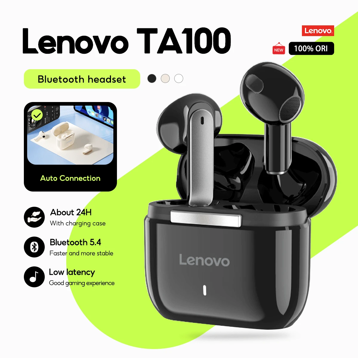 Lenovo Earbuds TA100 Bluetooth Wireless Earbuds TWS Short Handle Semi In Ear Headphones Earphone Bluetooth 5.4 Touch Control Long Battery Life With Mic - Một cỡ - Xem 1