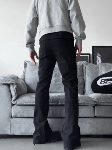 leev 紧身弹力牛仔裤，休闲街头时尚水洗棉喇叭裤，带斜口袋 - 黑色 - 查看 4