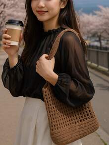女士女孩针织单肩包复古镂空编织大容量花卉装饰购物手提包钩针包女士钩针包夏季沙滩托特包女士托特包购物袋女士手提包 - 咖啡 - 查看 3