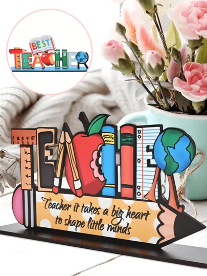 1pc Happy Teacher's Day Wooden Decoration, Charming Desktop Decoration, Suitable For Giving Teachers Gifts Or Birthday Gifts On Teacher's Day, Very Suitable For Home And Office Decoration