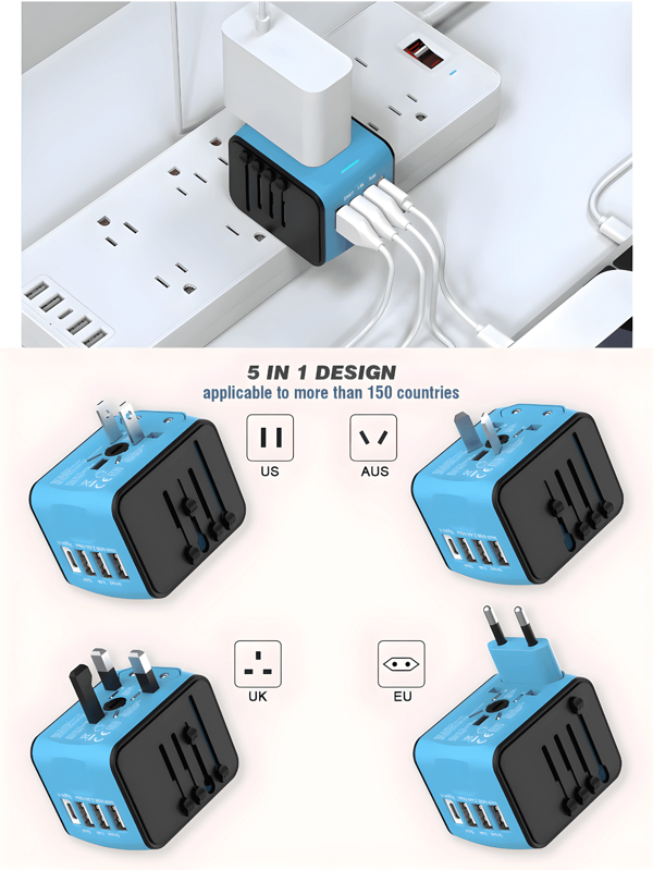 Universal Travel Adapter, Worldwide International Power Adapter, High Speed 2.4A 3*USB+1*Type-C 3.0A Port With Worldwide AC Power Plug Wall Charger For Europe UK EU US CA AU Italy Asia And More Than 170 Countries