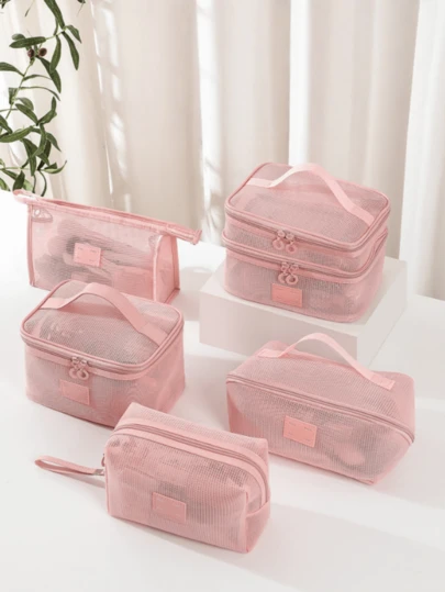 1 Summer Travel Pink Mesh Cosmetic Bag Has 5 Styles Of Cosmetic Storage Bags, Large-Capacity Portable Transparent Travel Toiletries Bag, Suitable For The Beach And Students In The School Season