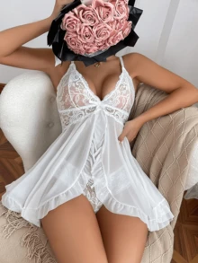 2 Pcs Lace Sexy Lingerie White Dress Set For Women,Women Sexy Lingerie Open Front Babydoll Dress Lace Chemise Sleepwear Mesh Nightgown With Panty, Suitable For Sleepwear And Loungewear. - trắng - Xem 6