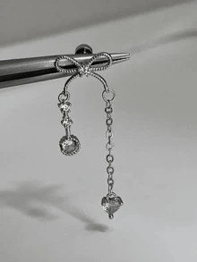 1 pieza Pendientes de botón con corazón y lazo para mujeres, adecuados para fiestas, reuniones, cumpleaños y uso diario - Plateado - Ver 3