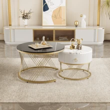 Elegant Nesting Coffee Table: Marble Look, Gold Decor, Side Table With Drawers - Set Of 2 - 預設 - 查看 6
