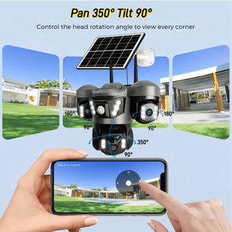 1 Pc Solar-Powered WIFI IP Camera – 15MP Ultra HD Triple Lens Triple Screen, 350°PTZ Rotation, AI Tracking, Color Night Vision, 10x Zoom, Two-Way Audio, PIR Motion Detection, Smart Alarm Alerts, IP66 Waterproof, Wireless Outdoor/Indoor Security Camera For Home, Office, Yard, Farm, Pet Monitoring With Mobile App , Solar Charging