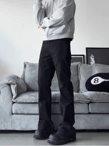 leev 紧身弹力牛仔裤，休闲街头时尚水洗棉喇叭裤，带斜口袋 - 黑色 - 查看 1