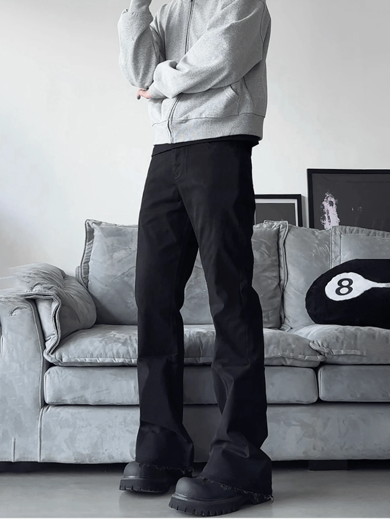 leev 紧身弹力牛仔裤，休闲街头时尚水洗棉喇叭裤，带斜口袋 - 黑色 - 查看 1