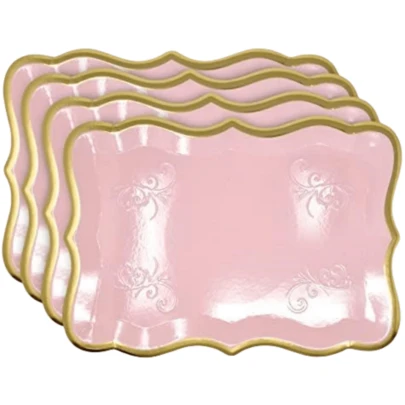 10pcs 9" X 13" Elegant Pink And Gold Rim Disposable Serving Trays White Rectangle Dioposable Paper Plates With Gold Rim Border For Dessert Display Table Parties Disposable Paper Cardboard In Elegant Shape For Platters Cupcake Display Birthday Party Weddings Bridal Shower Picnic Family Daily Use