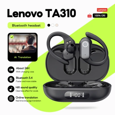  Écouteurs sans fil Bluetooth 5.4 Lenovo TA310 avec traduction intelligente IA, audio haute résolution sans perte, sport et résistant à la transpiration, ajustement sécurisé, contrôle vocal