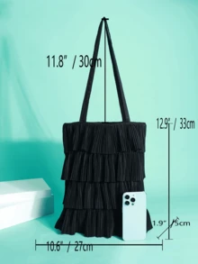 Bolso de hombro con volantes estilo princesa, bolso plisado lindo, vestido con volantes de unicolor para mujeres - Negro - Ver 2