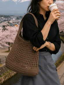 女士女孩针织单肩包复古镂空编织大容量花卉装饰购物手提包钩针包女士钩针包夏季沙滩托特包女士托特包购物袋女士手提包 - 咖啡 - 查看 2