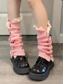 女士针织圣诞腿套 - 纽扣蕾丝竖条纹保暖腿套，秋冬季，防滑舒适可爱礼物，Y2K风格，舒适保暖 - 彩色 - 查看 8