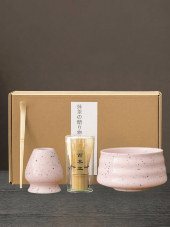 1pc/4pcs Japanese Style Matcha Bowl With Ink Dot & Romantic Pink Ceramic Chawan, Tea Whisk Stand, Suitable For Back To School, Holiday Gift Set