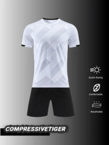 Bộ đồ tập luyện bóng đá 2 món tùy chỉnh cho nam với họa tiết hình học trắng và đen - Tên, số, tên đội và logo được cá nhân hóa (mặt trước/mặt sau) - Vải thoáng khí khô nhanh cho luyện tập và thi đấu bóng đá - Bộ áo đấu tay ngắn và quần đùi đen. Quà tặng Halloween, Lễ tạ ơn, Giáng sinh và Năm mới - trắng - Xem 2