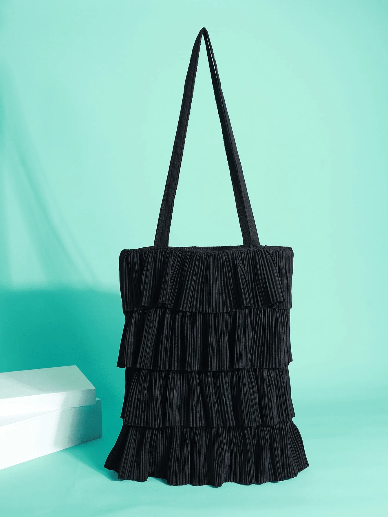 Bolso de hombro con volantes estilo princesa, bolso plisado lindo, vestido con volantes de unicolor para mujeres - Negro - Ver 1