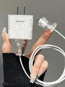 Colorful Daisy Pattern Charger Protector Case, Transparent Anti-Bending Charging Cable Protector, Compatible With IPhone 15/14 Pro Max/13/12, Compatible With IPad 18/20W - Multicolor - View 1