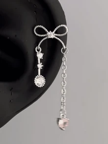 1 pieza Pendientes de botón con corazón y lazo para mujeres, adecuados para fiestas, reuniones, cumpleaños y uso diario - Plateado - Ver 9