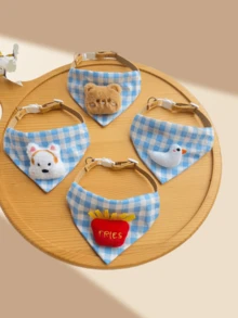1pc Pet Bandana Collar, Cute Cartoon Plaid Bib For Small Dogs Cats, Blue