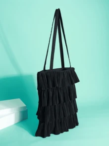 Bolso de hombro con volantes estilo princesa, bolso plisado lindo, vestido con volantes de unicolor para mujeres - Negro - Ver 3