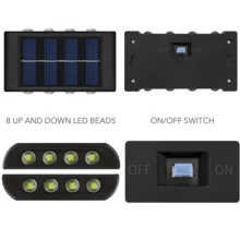 8 Lâmpadas de LED Contas de Energia Solar para Cima e para Baixo Luz Externa À Prova d'Água, Moderna Luminária Nórdica Ilumina a Luz do Sol Externa com Sensor, Fixação de Luz Externa Preta na Parede para Casa, Jardim, Varanda (Luz Branca, 1 Peça) - 8LED-luz branca - Visão 8