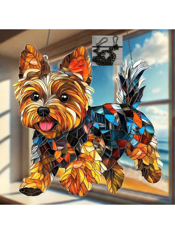 Yorkshire Terrier Acrylic Glass Hanging Decoration - 8" X 8" Hanging Suncatcher, Suitable For Windows, Cars And Home Decor - Animal Themed Birthday Gift For Dog Lovers - Durable Art Wall Decor For Garden, Porch, Bedroom, Office