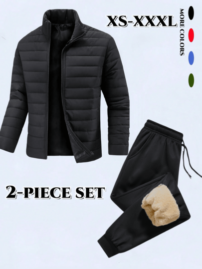 2pcs Men's Padded Padded Coat Suit Set, Jacket + Thermal Lined Casual Pants, Sports & Leisure Versatile Outfit, Autumn/Winter