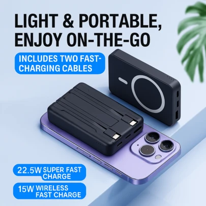 10000mAh Magnetic Wireless Power Bank - Built-In USB-C And Lightning Cables | Phone Holder, MagSafe Compatible Portable Charger Compatible With Iphone 16/15/14/13/12 Pro/Pro Max/Mini And Android Devices | Fast Charging Backup Battery Pack, Strong Magnetic Suction, Compact And Portable Design | Perfect For Daily Use, Commuting, School, Office, Outdoor Activities