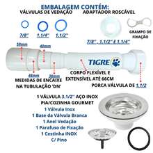 Válvula Gourmet 3.1/2'' de Aço Inox Válvula de Cozinha Luxo + Sifão Universal Flexível Tigre Branco - Branco - Visão 3