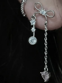 1 pieza Pendientes de botón con corazón y lazo para mujeres, adecuados para fiestas, reuniones, cumpleaños y uso diario - Plateado - Ver 4