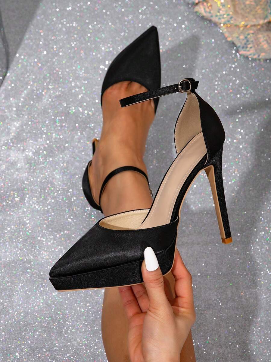 Women's Black Satin Pointed Toe Ankle - Strap Platform Heels Elegant High - Heel Dress Shoes For Evening Party Wedding Formal Events Stylish Footwear Ideal For Spring Summer Autumn Occasions