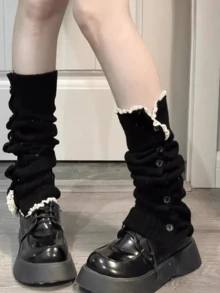 女士针织圣诞腿套 - 纽扣蕾丝竖条纹保暖腿套，秋冬季，防滑舒适可爱礼物，Y2K风格，舒适保暖 - 彩色 - 查看 9