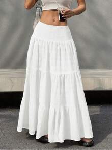 女士秋冬长款荷叶边下摆白色纹理高腰多层长裙，浪漫休闲 - 白色 - 查看 9